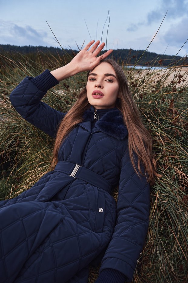 Fur Collar Belted Quilted Petra Coat Navy Blue 12764