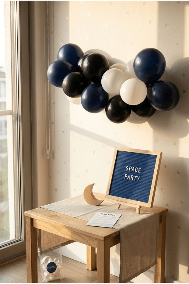 Space Themed Birthday Decoration Mini Set Dark Blue Felt Writing Board with Stand and Balloon Chain