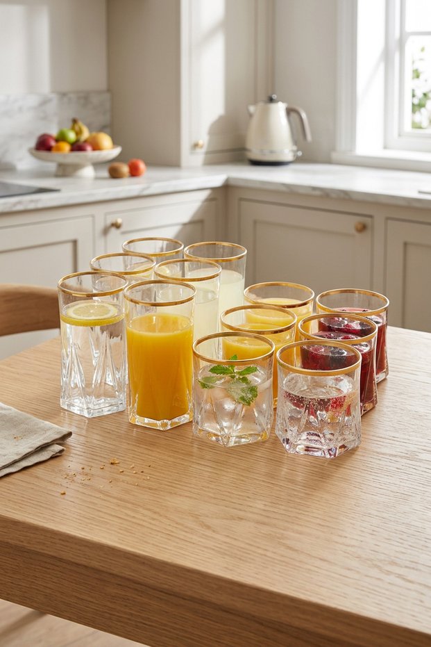 12-Piece Gilded Glass Water and Soft Drink Glass Set – Stylish Drink Glasses with Gold Detailing