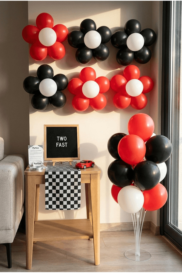 Race Car Birthday Decoration Deluxe Set Black Felt Lettering Board with Stand Pump Balloon with Chain 7 Transparent Balloons with Stands