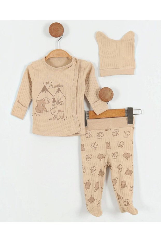 Newborn Baby Boy Teddy Bear Printed 3-Piece Bodysuit Set with Gloves and Hat
