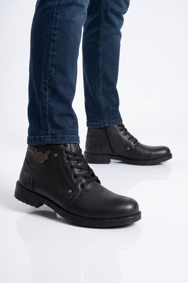 Black Genuine Leather, Fur Inside, Cold Resistant, Rubber Sole, Zippered Men's Boots 789