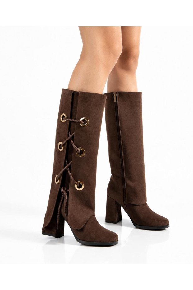 Shoes Women's Suede Heeled Boots with Decorative Laces and Capsule Details, Skirted Boots