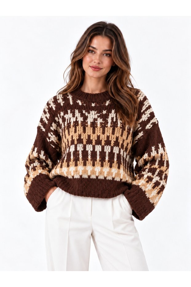 Women's Patterned Crew Neck Oversize Knitwear Sweater