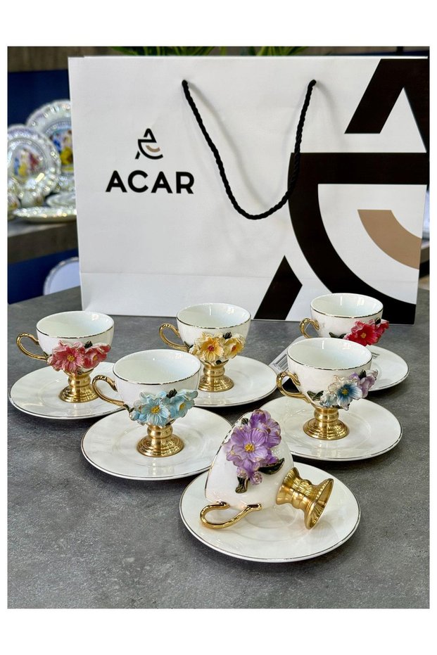 Acar White Ohara Luxury Metal Footed 3D Porcelain Cup Set 90 ml