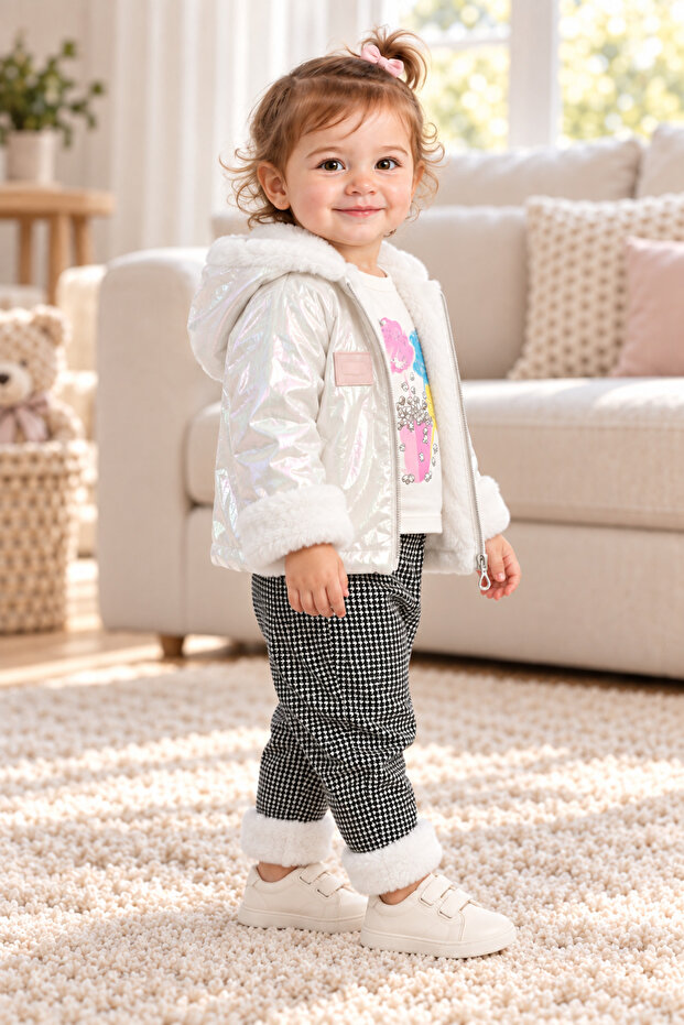 Baby Girl 3 Piece Set Plush Detailed Hooded Shiny Coat Printed Top Patterned Trousers Ak1019