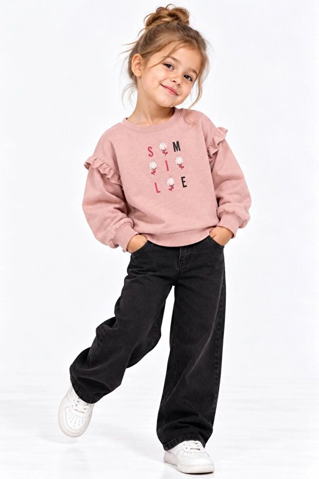 Girl's Pink Long Sleeve Pompom Sweatshirt - Basic Comfortable Sweatshirt with Text Pattern