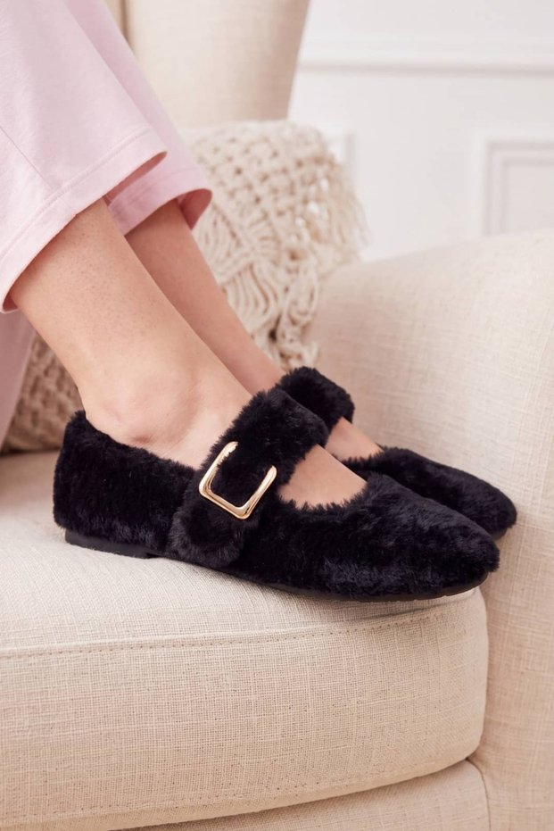 Black Women's Plush Home Shoes - Gold Buckle Ballerina Slippers 01Nav