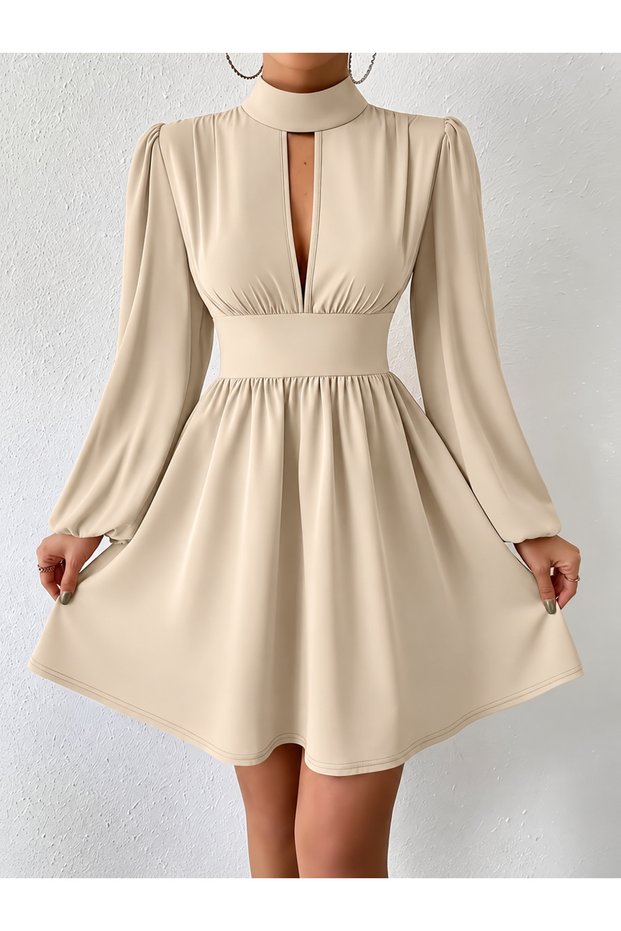 Women's High Neckline Low-Cut Detailed Waist Fitted Balloon Sleeve Mini Dress