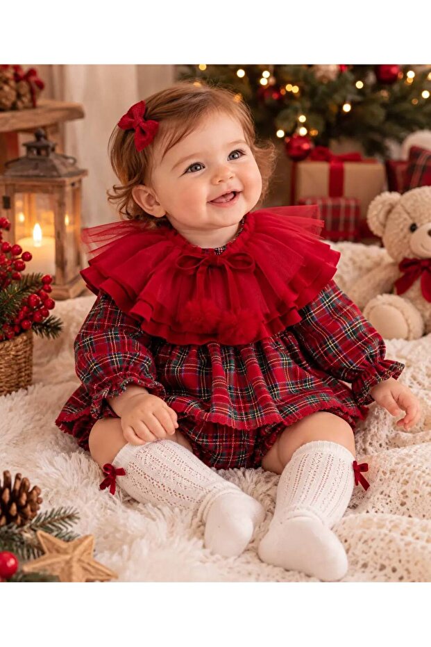 Baby Girl Cotton Plaid Patterned Romper and Detachable Pompom Cape Two-Piece Set