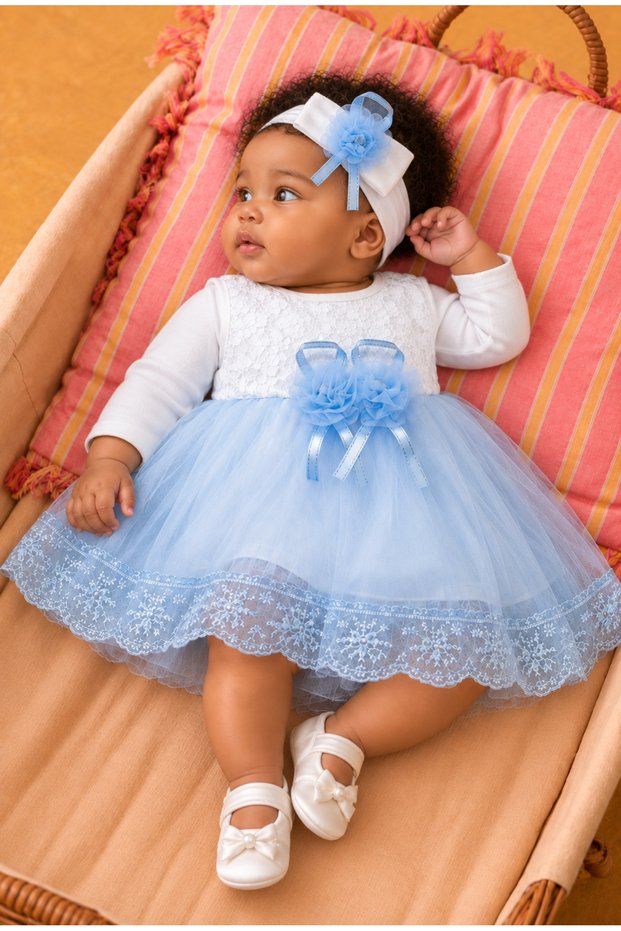 Baby Girl Floral Detailed Tulle Mevlüt Dress - with Shoes and Bandana Gift (Inner Bodysuit Included)
