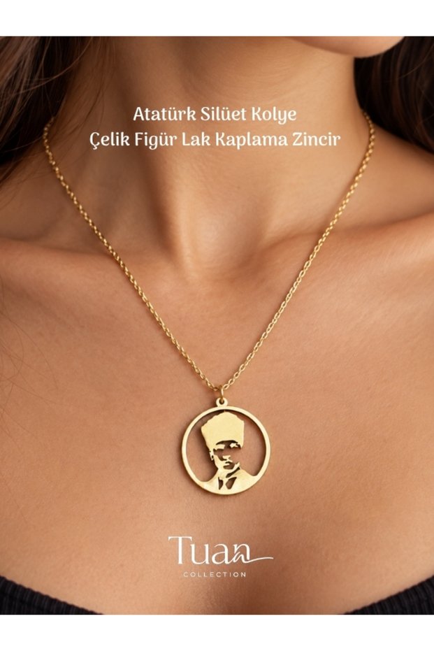 Ataturk Silhouette Steel Necklace Gold Color Lacquer Plated Chain Stylish Special Design Gift