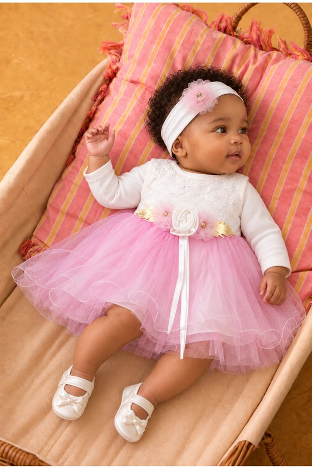 Baby Girl Floral Detailed Tulle Dress with Inner Bodysuit - Shoes and Bandana as Gift