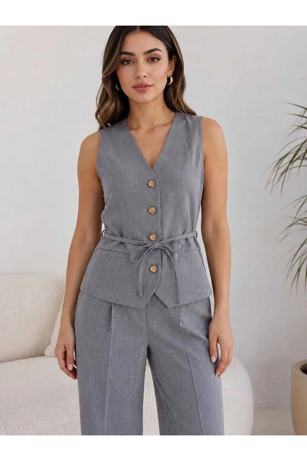 Onlniva Women's Belted Thin Striped Sleeveless Fabric Vest Medium Gray Melange