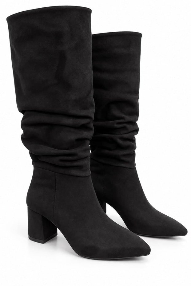 Women's Black Suede Drawstring Boots Thick Heeled Below the Knee Long Boots Sanero