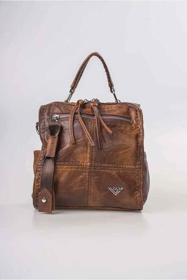 Women's Multi-Compartment Backpack with Adjustable Shoulder and Crossbody Straps, Daily Bag, Camel 18372