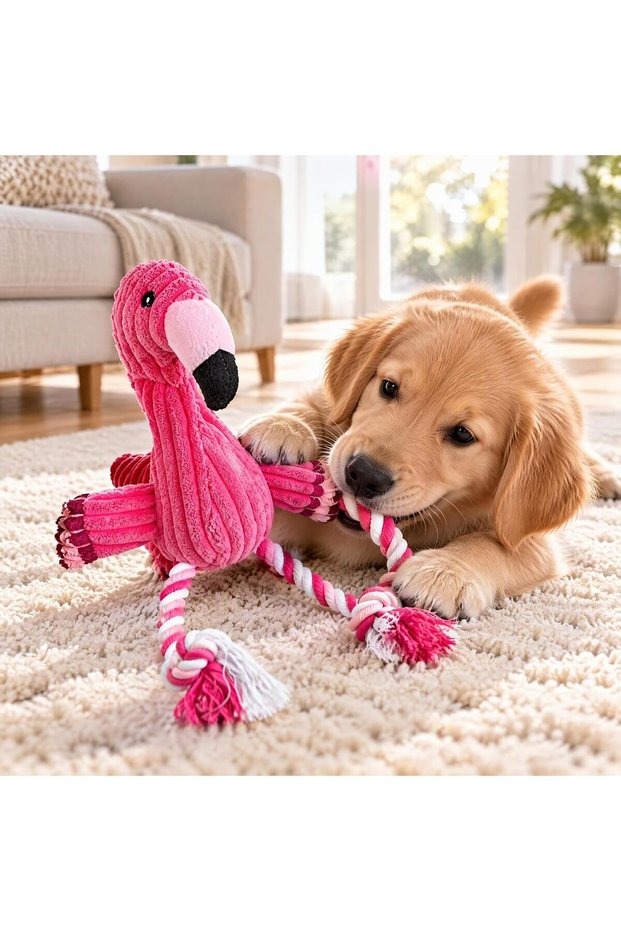 Flamingo Dog Toy 30cm, Plush Squeaky Toy with Rope Legs for Puppies