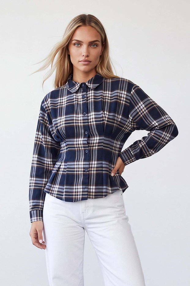 Women's Navy Blue Plaid Waist-Fitted Cotton Blend Shirt Alc-X15957