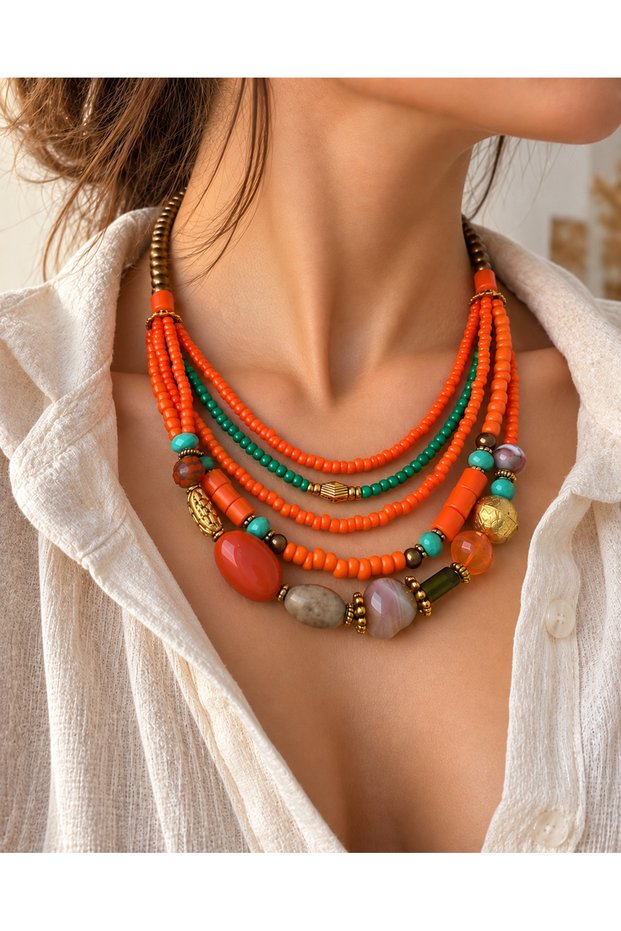 Multi-Row Orange Green Beaded Natural Stone Look Women's Necklace Bohemian Ethnic Design