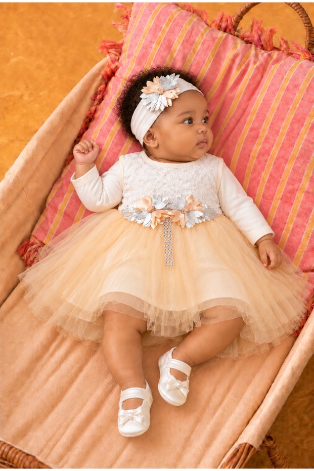 Baby Girl Floral Detailed Tulle Dress with Inner Bodysuit, Shoes and Bandana as a Gift