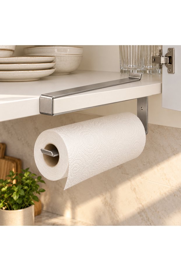 Stainless Steel Under-Cabinet Paper Towel Holder with Hanging Hook, No Drilling Required - Int-005