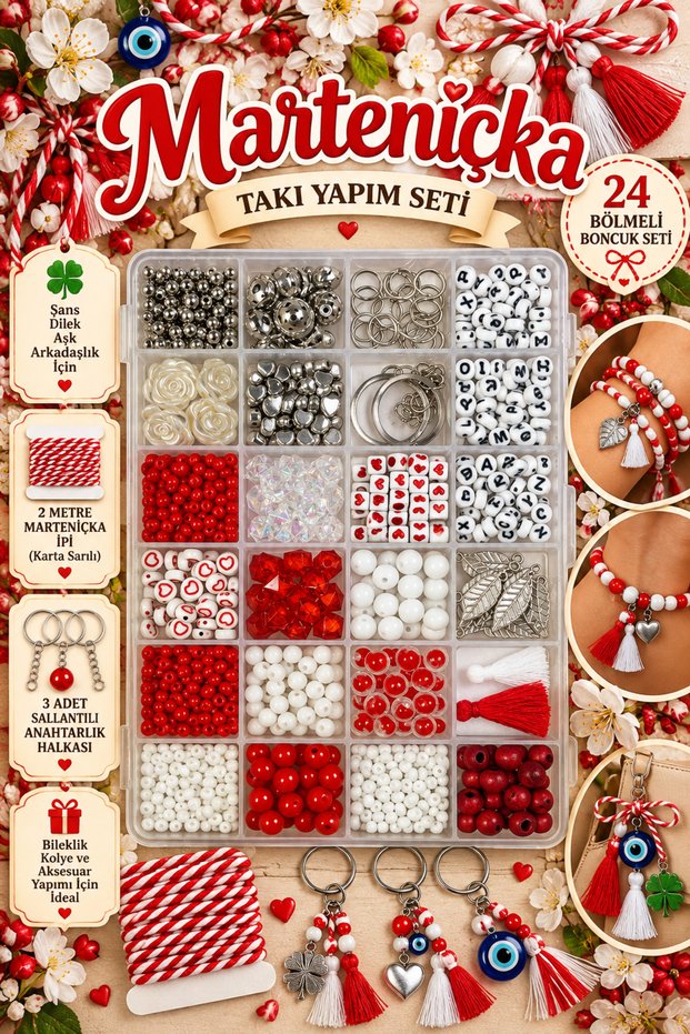 Marteniçka 24-Compartment Jewelry Making Set – 2 Meters of Marteniçka Cord, 3 Pendant Keychain Rings, Letter and Figure Beads Design Kit ❤️ 🤍 🍀