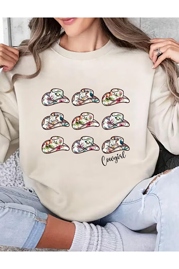 Western Mix Printed Oversize Cotton Crew Neck Basic Beige Sweatshirt