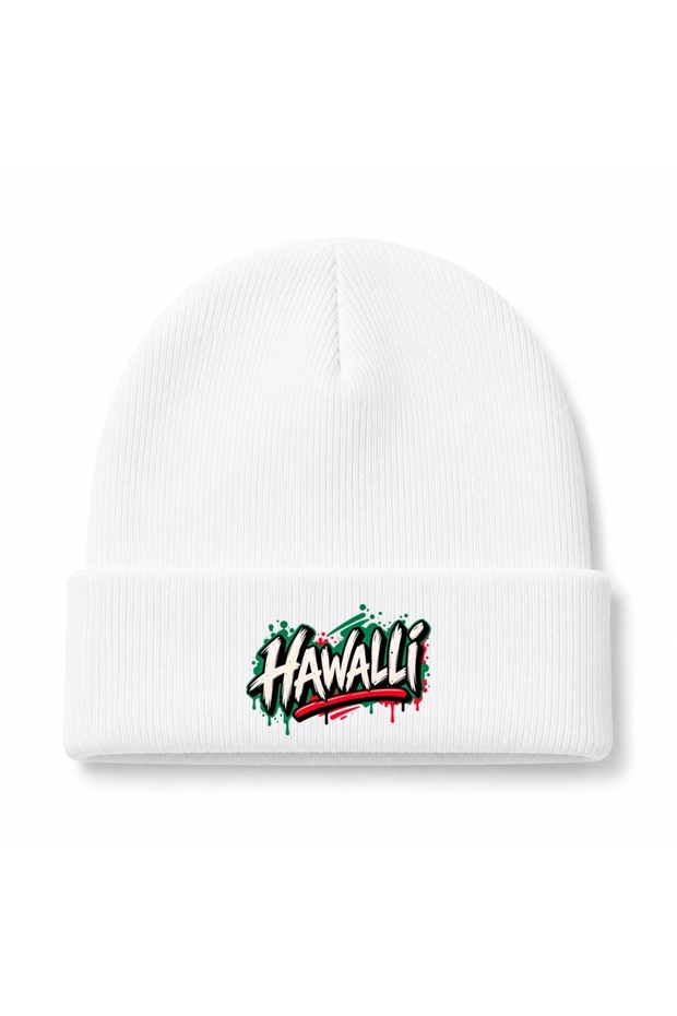 Hawaiian Kuwait Graphic Printed Beanie – Green & Red Urban Graffiti Design