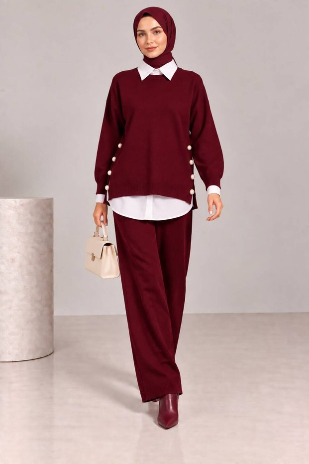 Women's comfortable fit knit set with button detail - 2 piece