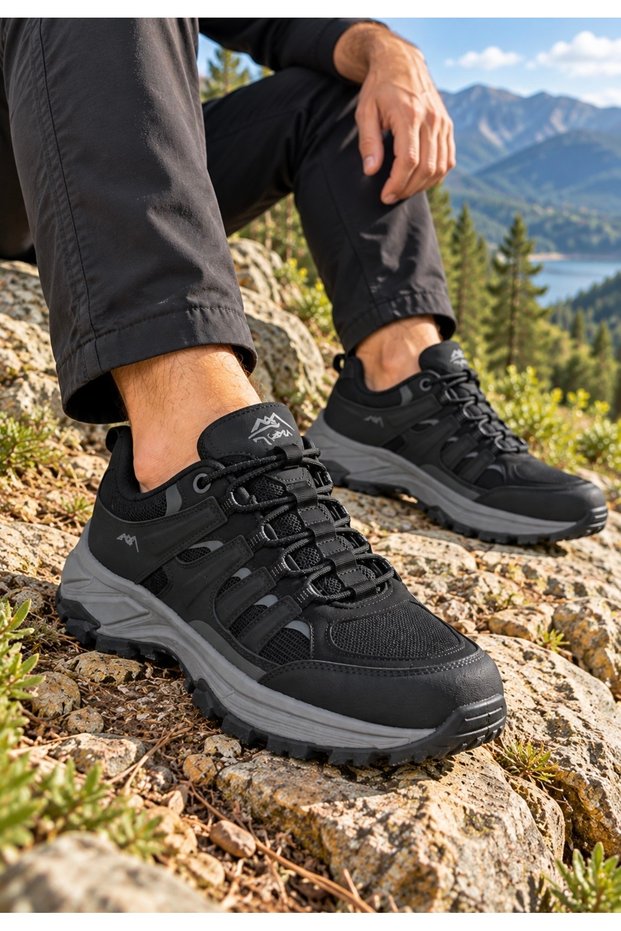 Palet 4394 Men's Black Gray Detailed Trekking Non-Slip Sole Lace-Up Casual Sports Shoes