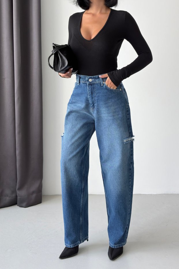 Women's Ripped Wide Leg Baggy Blue Jeans