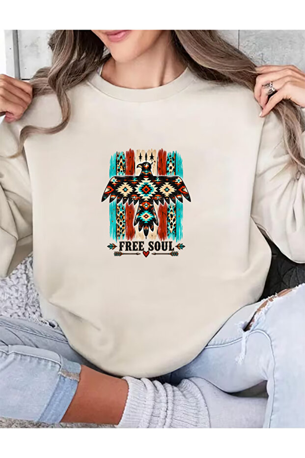Western Mix Printed Oversize Cotton Crew Neck Basic Beige Sweatshirt