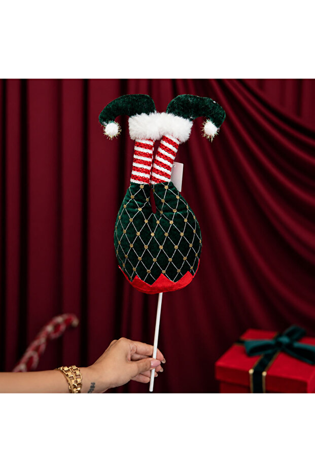 Christmas Ornament Elf Leg with Velvet and Patterned Stick Green 54 cm