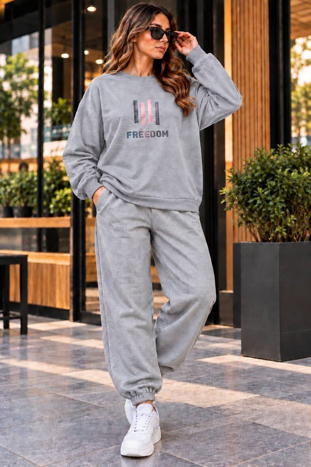 Zero Collar Sweat Suit 2-Piece Combination with Pullover and Pants Unisex Freedom Printed
