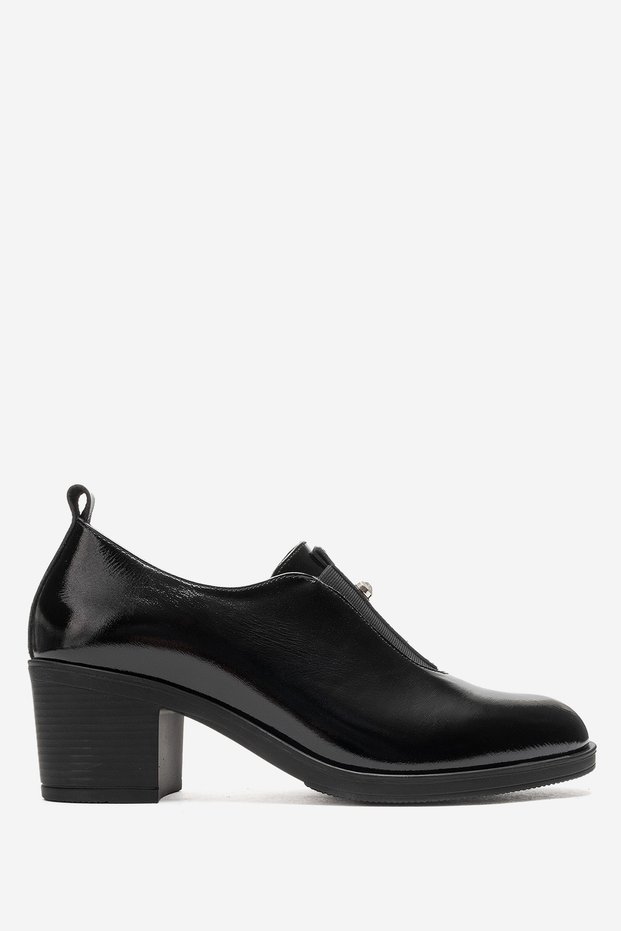 Women's Round Toe Strappy Heeled Shoes Real Patent Leather Yvette Patent Leather Black