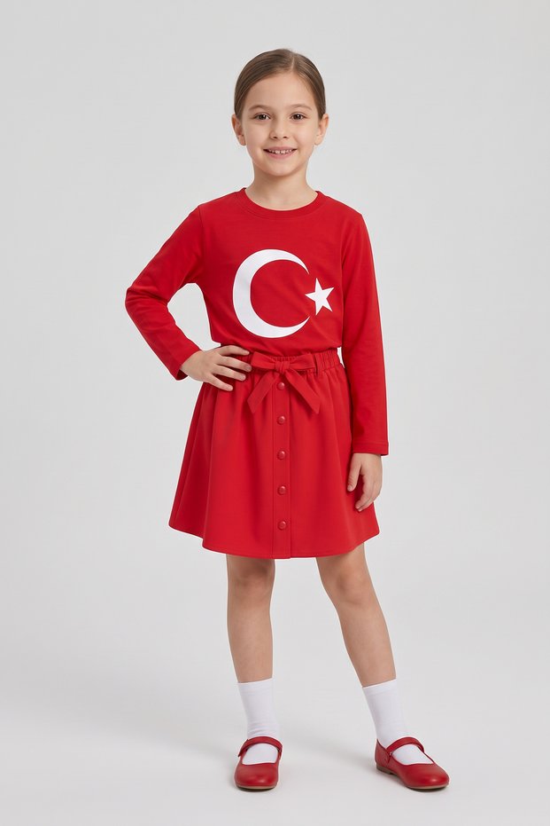 Girls' Red Long Sleeve Flag T-Shirt Red Bow Beaded Skirt April 23 October 29 Performance Outfit