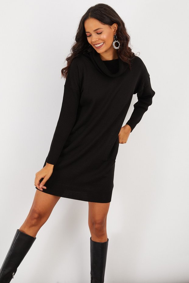 Women's Black Degaje Collar Knitwear Mini Dress Yvz73
