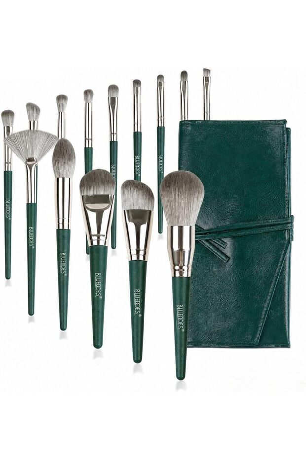 14PCS Professional Makeup Brush Set with Travel Storage Pouch, Soft Synthetic Face & Eye Makeup Brushes for Foundation, Powder, Blush, Contour, Eyeshadow & Blending, Green