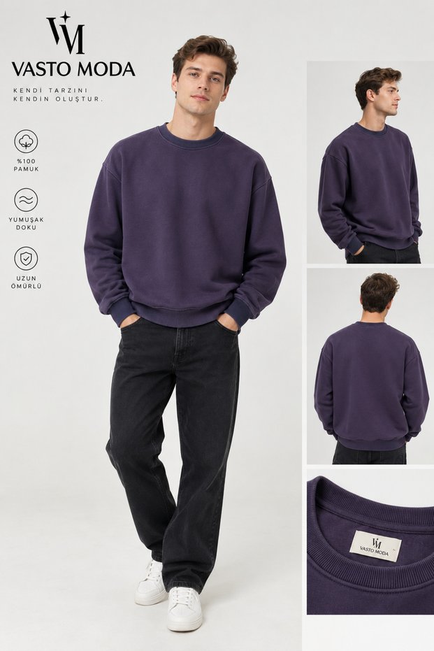 Men's Oversize Thick Textured 3 Thread Non-Threaded Ribbed Crew Neck Basic Purple Sweatshirt