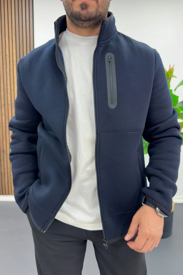 Men's Pocket Detailed Stand Collar Cardigan Navy Blue Edw521