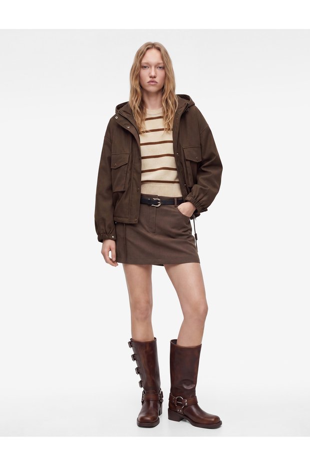 Faux Leather Hooded Long Sleeve Zipper Crop Jacket