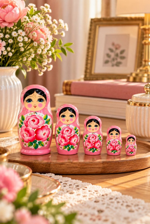 5-Piece Matryoshka Doll Set Hand-Painted Floral Pattern Decorative Wooden Russian Dolls 12 cm Pink