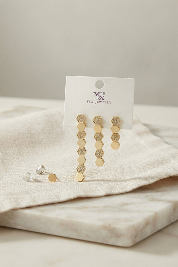 Brass Gold Color Honeycomb Model Women's Earring Set