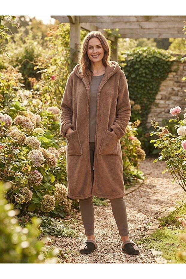 Brown Wellsoft Plush Hooded Unisex Robe with Front Zipper Oversize