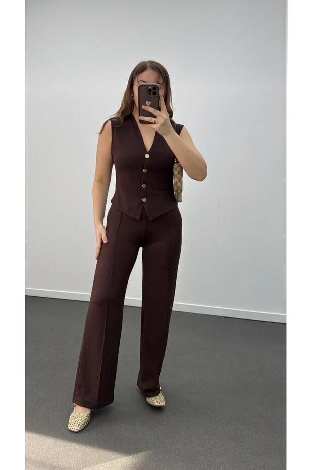 Modal Gold Buttoned Vest Piece Suit and Trousers Set