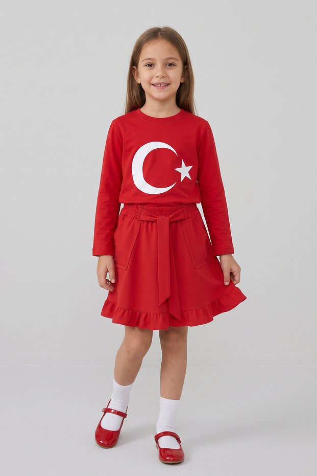 Girls' Red Long Sleeve Flag T-Shirt Red Bow Pocket Ruffle Skirt April 23 October 29 Show Outfit