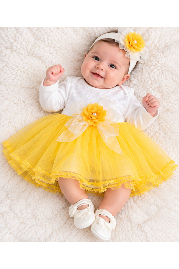 Newborn Baby Girl Mevlüt Set Tulle Dress Bodysuit Hair Band Booties Set of 4