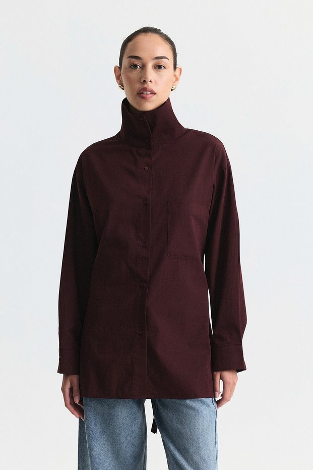 Belted Stand Collar Shirt