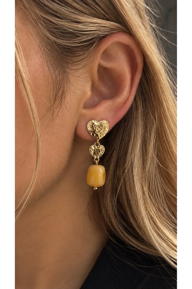 Gold Plated Heart Detailed Yellow Stone Dangle Earrings