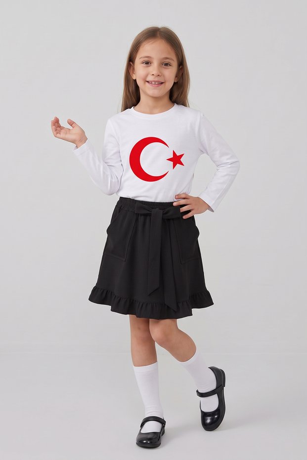 Girls' White Long Sleeve Flag T-Shirt Black Bow Pocket Ruffle Skirt April 23 October 29 Show Outfit